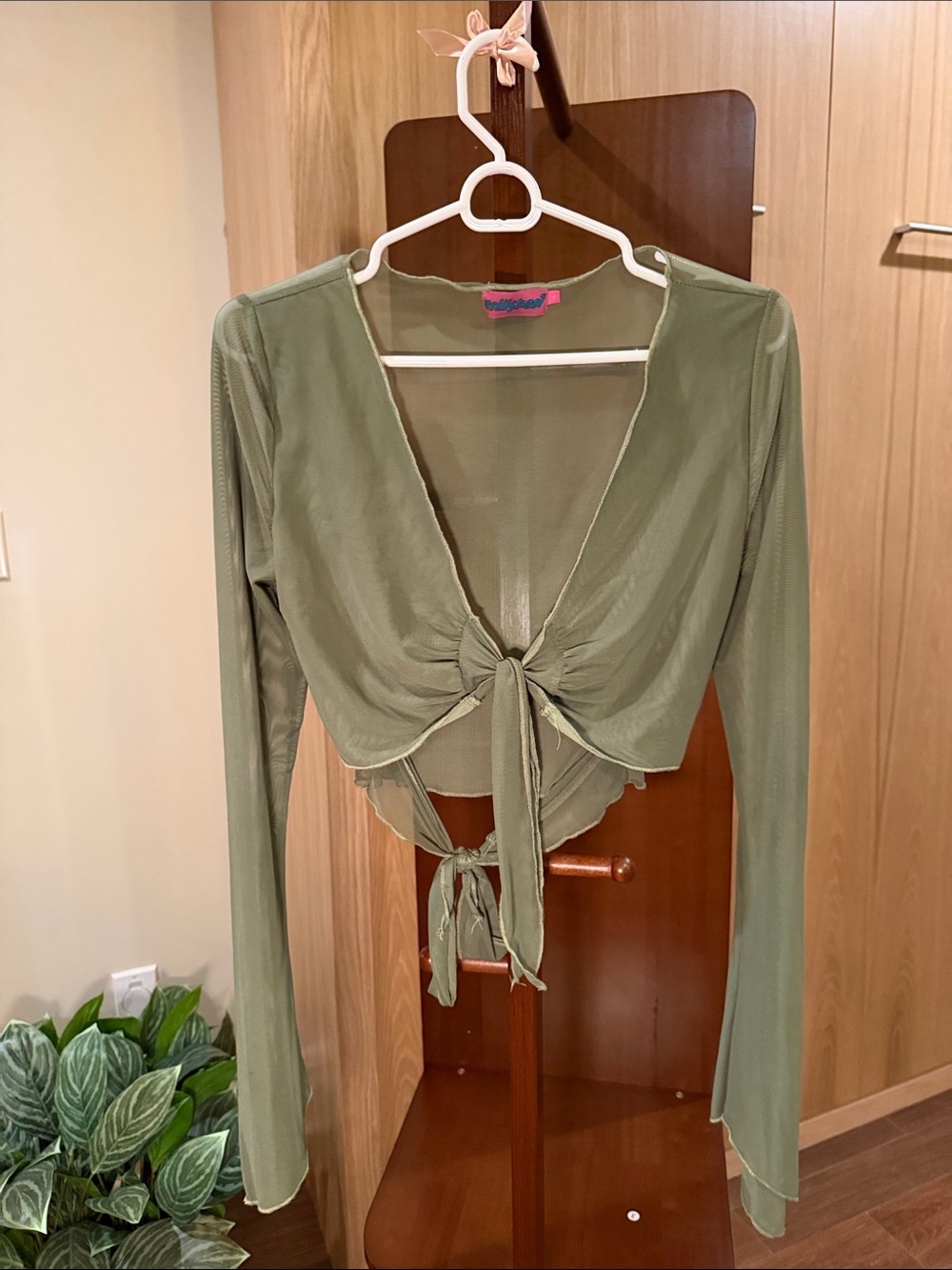 Edikted Olive Green Sheer Tie-Front Long Sleeve Tunic